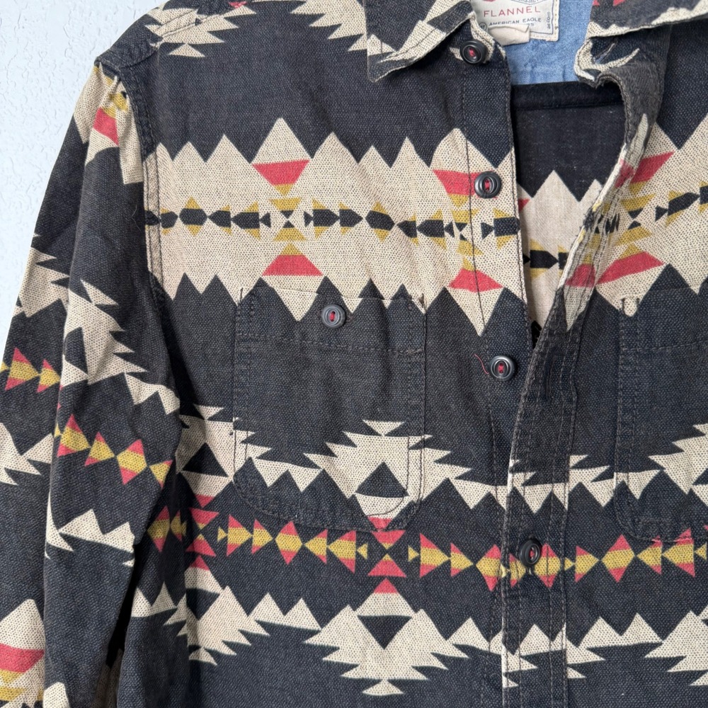 American Eagle Heritage Flannel Shirt Mens XS Black Geometric Southwestern Aztec - Picture 2 of 5